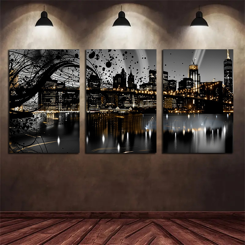 2d flat 2d flat 3pcs framed canvas wall   cityscape abstract triptych art suitable for halloween christmas winter and summer luxury indoor decoration for him her bedroom living room bathroom