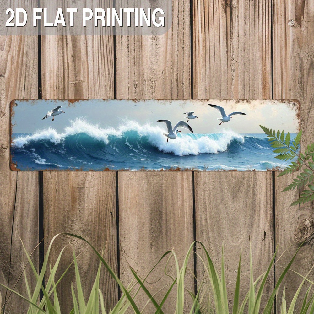 TEMU 2d Flat, 2d Flat - 2d Metal Sign Of Flying Waves - Rustic Coastal Decor, Vintage .91x39.88cm, No Electricity Required, Easy Wall Mounting For