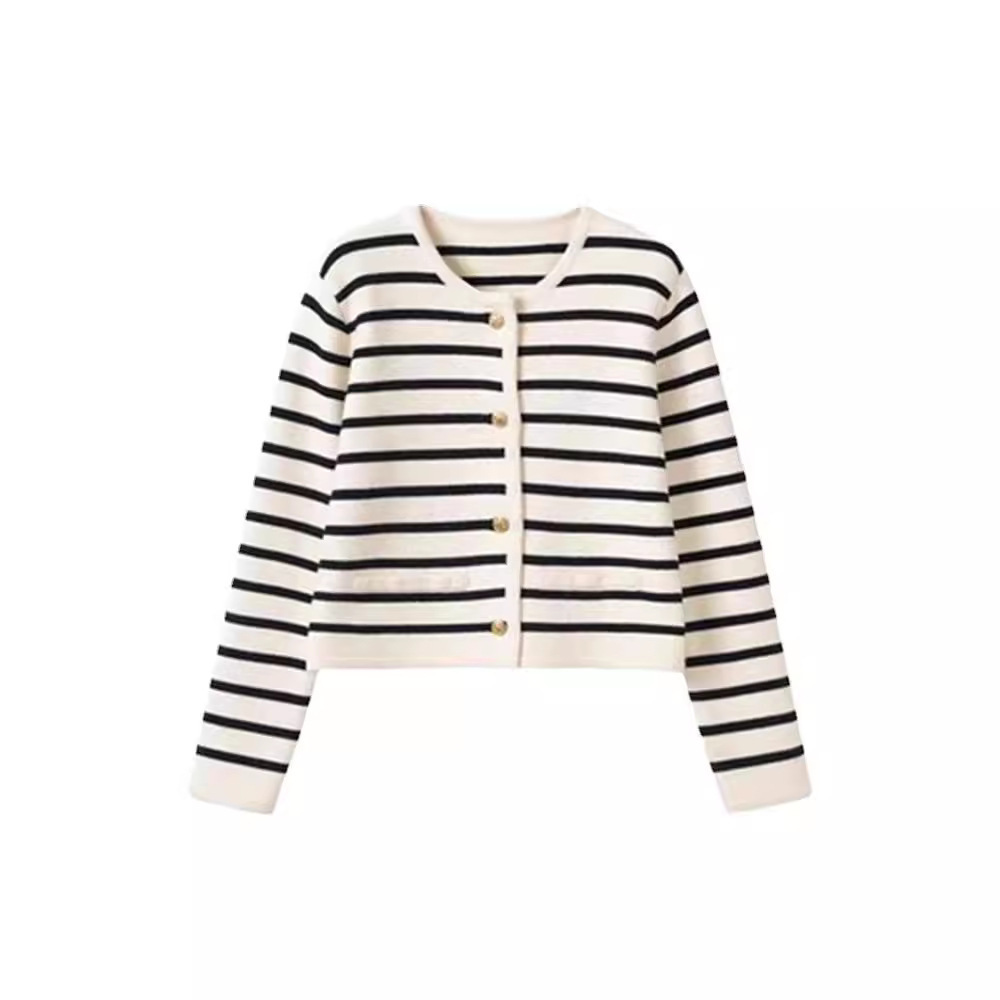 

Elegant Striped Knit Cardigan For Women - Soft Acrylic, Button-up, Casual Short Sweater For Fall/winter