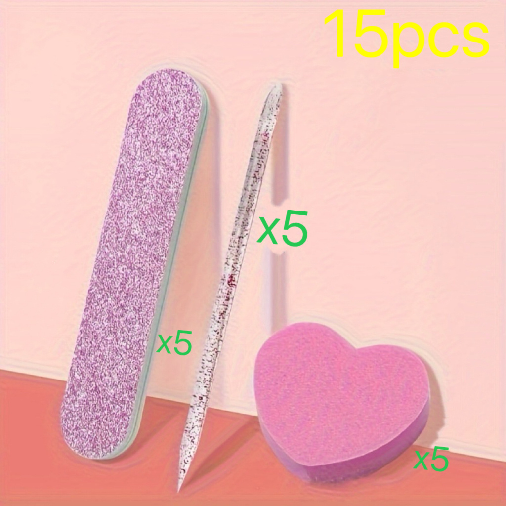 15pcs Nail Care Set - Purple-pink Glitter Nail File, Polishing Crystal Stick, And Heart-shaped Sponge - Unscented Nail And Foot Care Tools Set