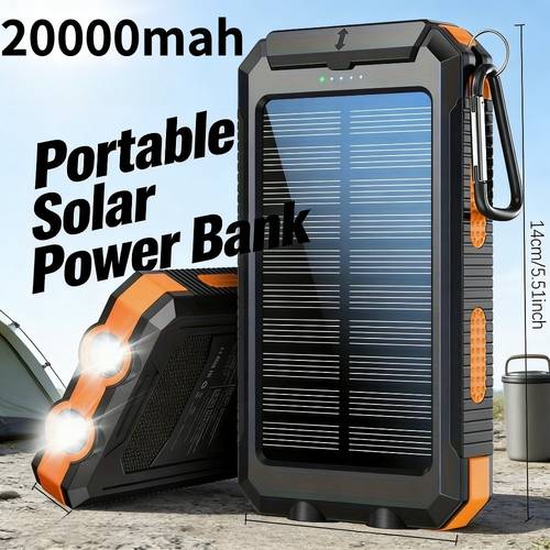 1pc solar charger 20000mah portable dual usb output solar charging panel fast charging external battery pack built in led flashlight emergency model for hiking pack of 2