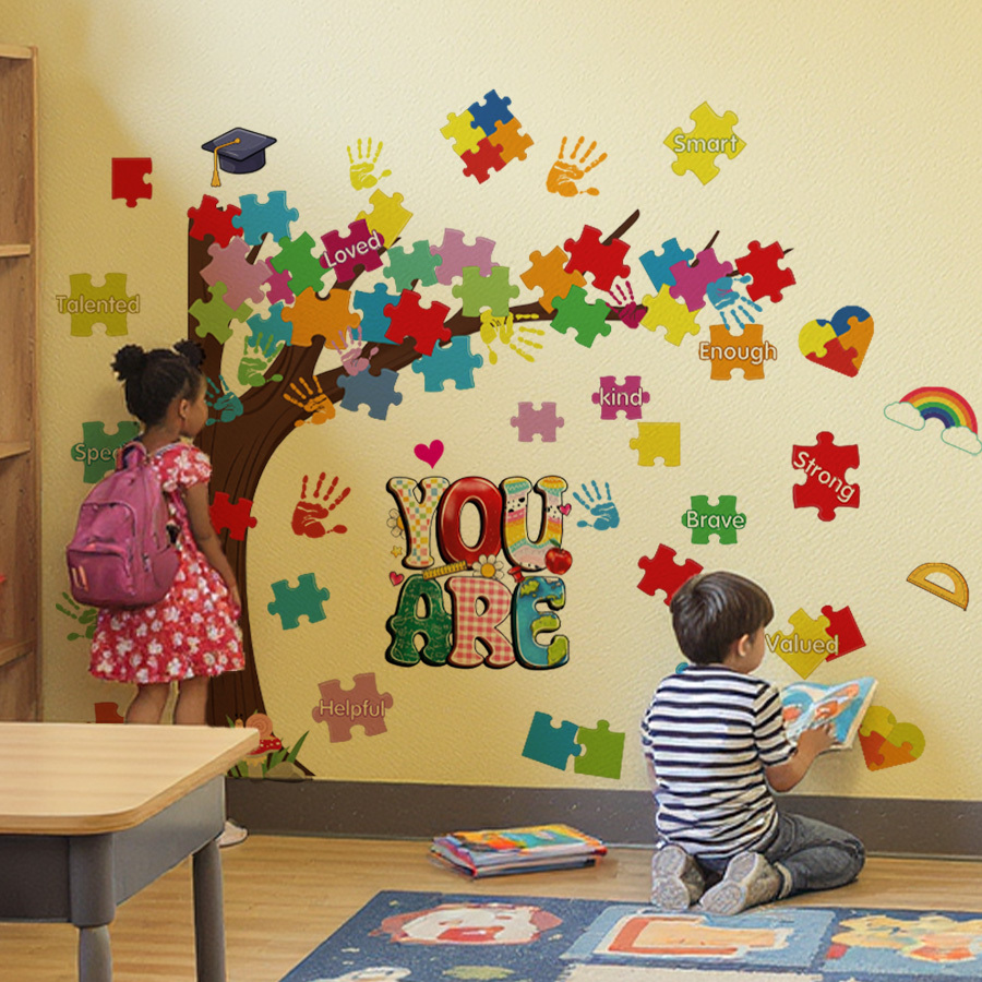 3pcs set sel puzzle tree affirmation wall sticker colorful handprints with   kind brave     growth mindset decals for kids room nursery playroom or art corner removable peel and stick