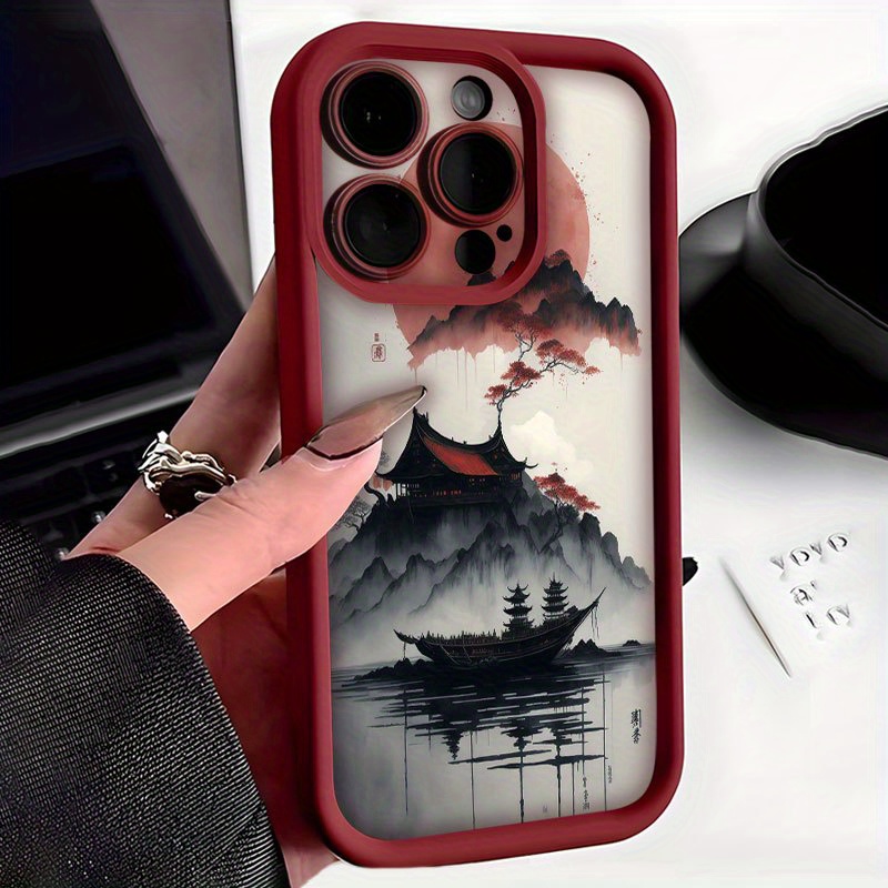 TEMU Phone Case: Sunset Landscape Painting With Boat And Architecture Phone Case Compatible With Iphone 16, 16 Plus, 16 Pro, 16 Pro Max, 15, 15 Plus,