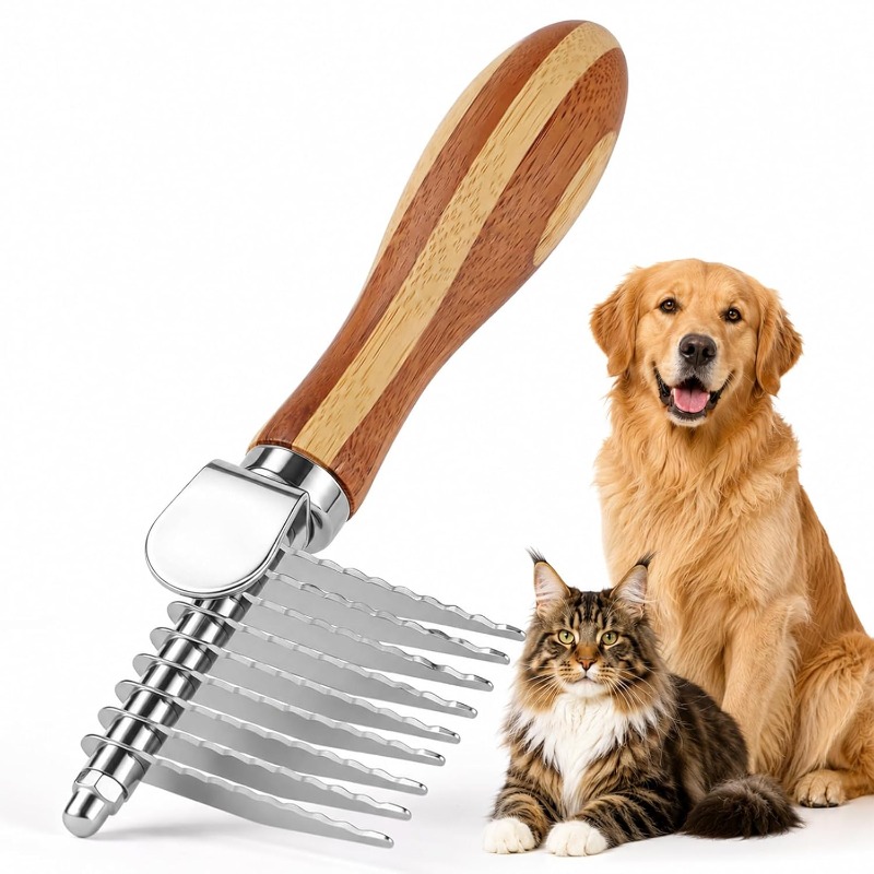 TEMU Pet Dematting Comb With Bamboo Handle, Grooming Brush For Removing Mats, Knots, & Loose Fur, Stainless Steel Undercoat Rake For Long & Short