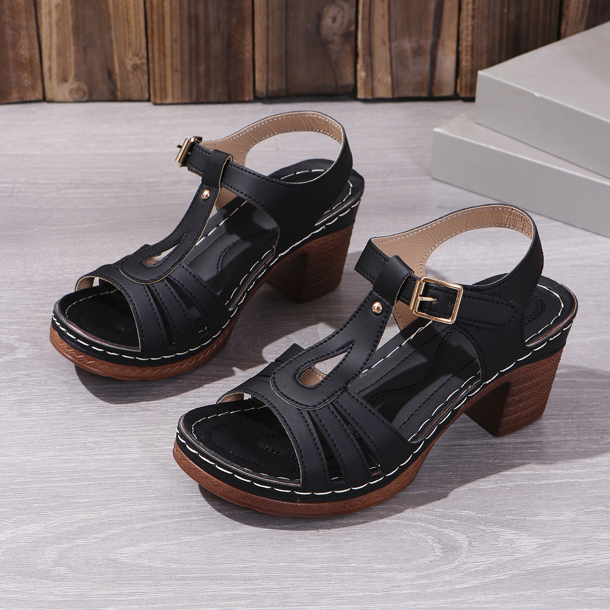 Women's Chunky Heel Sandals with Closure - Comfortable Open Toe Summer Shoes, Black Faux Cover with Orange Accents, Ankle Strap Design for Stylish Outdoor Wear, High Heel Sandals