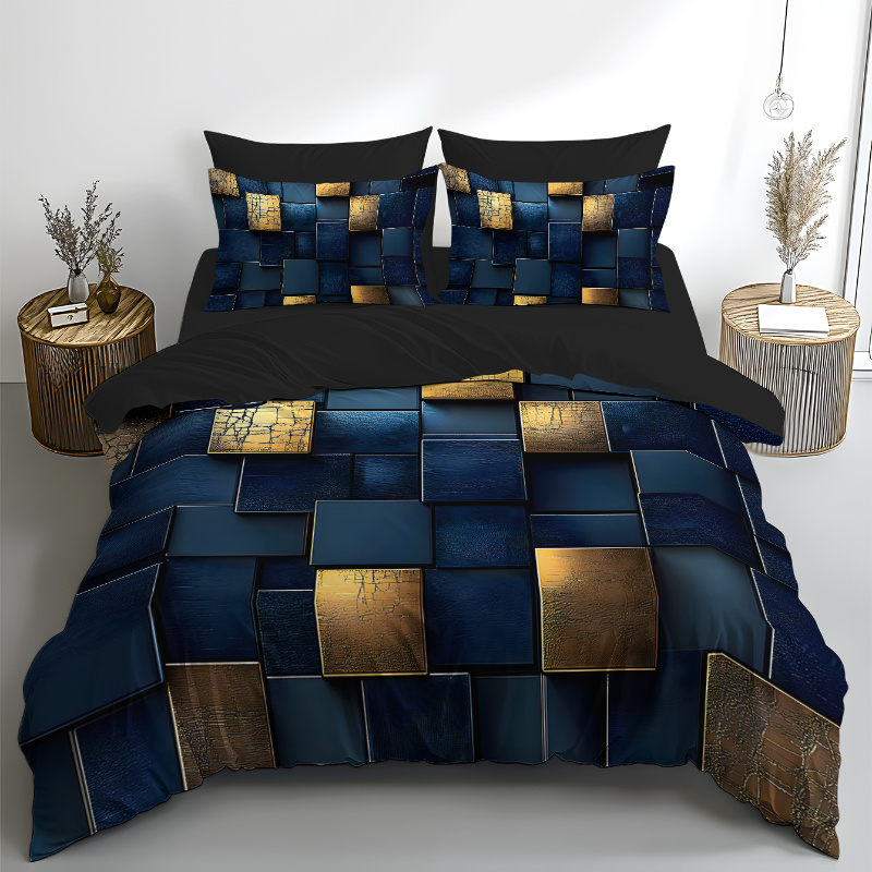 TEMU 2d Flat 2/3pcs Valentine's Day, Blue And Golden Color Blocks, Easter, Cartoon Series, Universal Black Abstract Space Pattern Bedding For ,