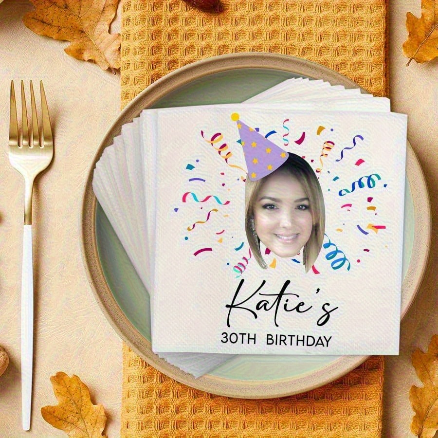 TEMU Personalized Birthday & Celebration Table Napkins - Custom Name & Photo/text, Elegant Party Decorations With Birthday Party Hats, Balloons,