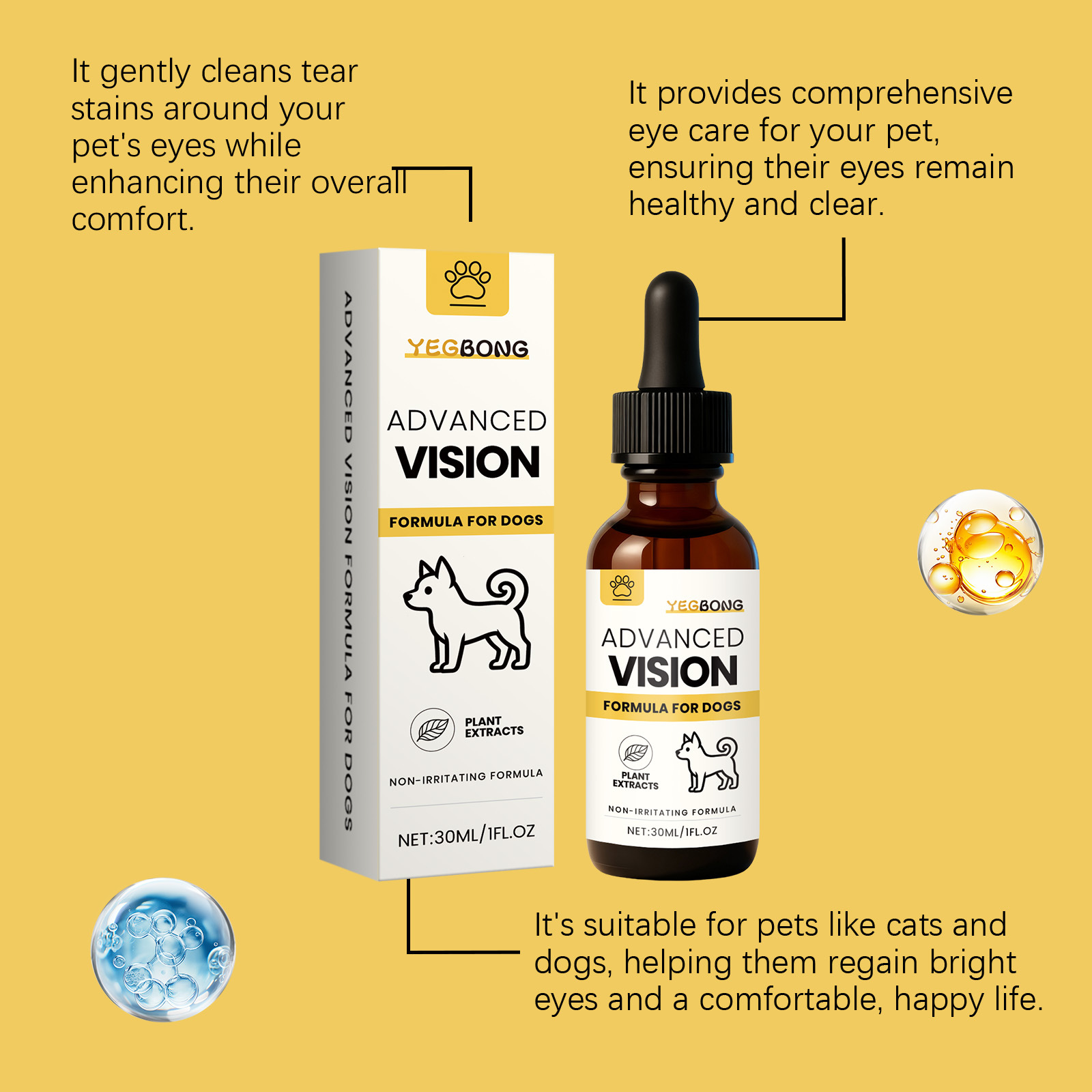 YEGBONG Advanced Vision Formula for Dogs, Improve Eye Clarity, Plant Extracts Eye Care Drops, Non-Irritating Gentle Formula, Supports Canine Eye Health & Visual Function, Daily Eye Care for All Dog Breeds, 30ML/1FL.OZ
