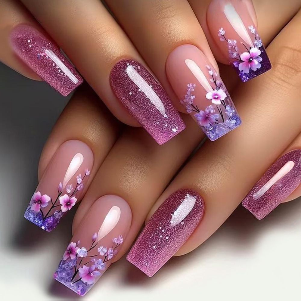 24pcs European Mid-water Purple Press-on Nails Classic Fashion Premium Purple Fake Nails Suitable For Women's Wedding Dates Daily Wear Removable Press-on Nail Kit With Jelly Glue And Nail File