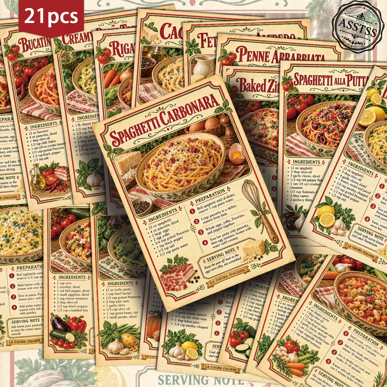 TEMU 21-pack Asstss Vintage Classic Pasta Recipe Card - 4x6 Inches Contains Pasta Recipes With Simple Ingredients And Detailed Steps. It's A Retro