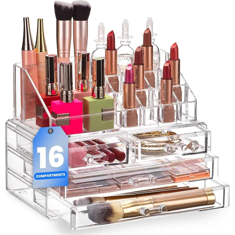 Clear Plastic Makeup Organizer With 16 Compartments & 4 Drawers - Countertop Suitable For Cosmetics, Jewelry, Accessories, Vanity Organizer With Tabletop For Bathroom Shelf, Space-saving For Use