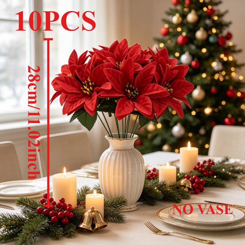 TEMU 10pcs Realistic Red Artificial Poinsettia Flowers - High-quality Plastic Suitable For Christmas Tree Decor, Indoor/outdoor Faux Poinsettias For