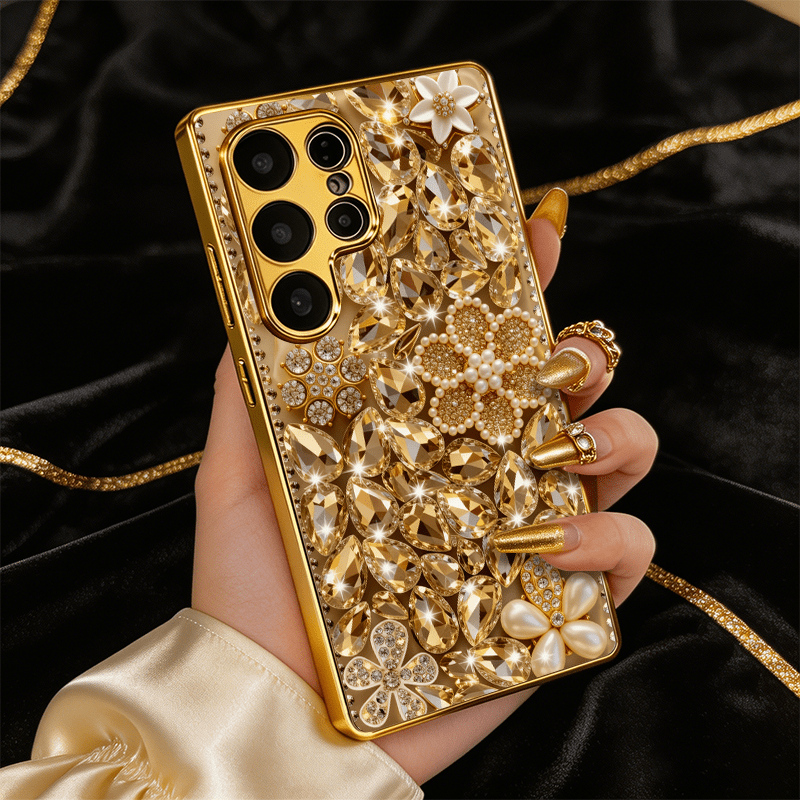 TEMU Phone Case: [2d Flat] Floral Pattern Electroplated Gold-textured Glass Phone Case, Light Luxury High-end Feel, Suitable For Galaxy S25 Ultra/s25