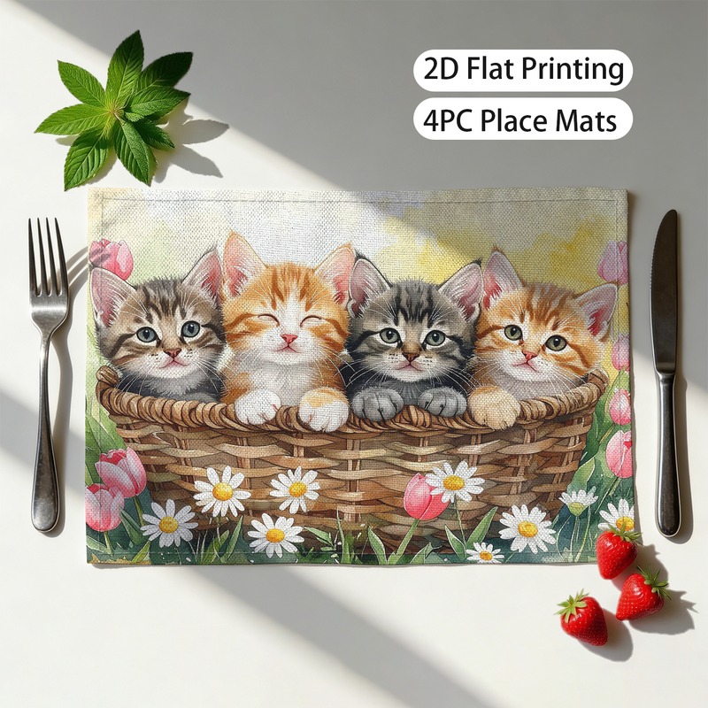 TEMU Collection Of 4 Adorable Kitten-themed Placemats Featuring Daisies And Tulips, Designed In A Cozy Watercolor Style. Each Mat Measures 12 X 18