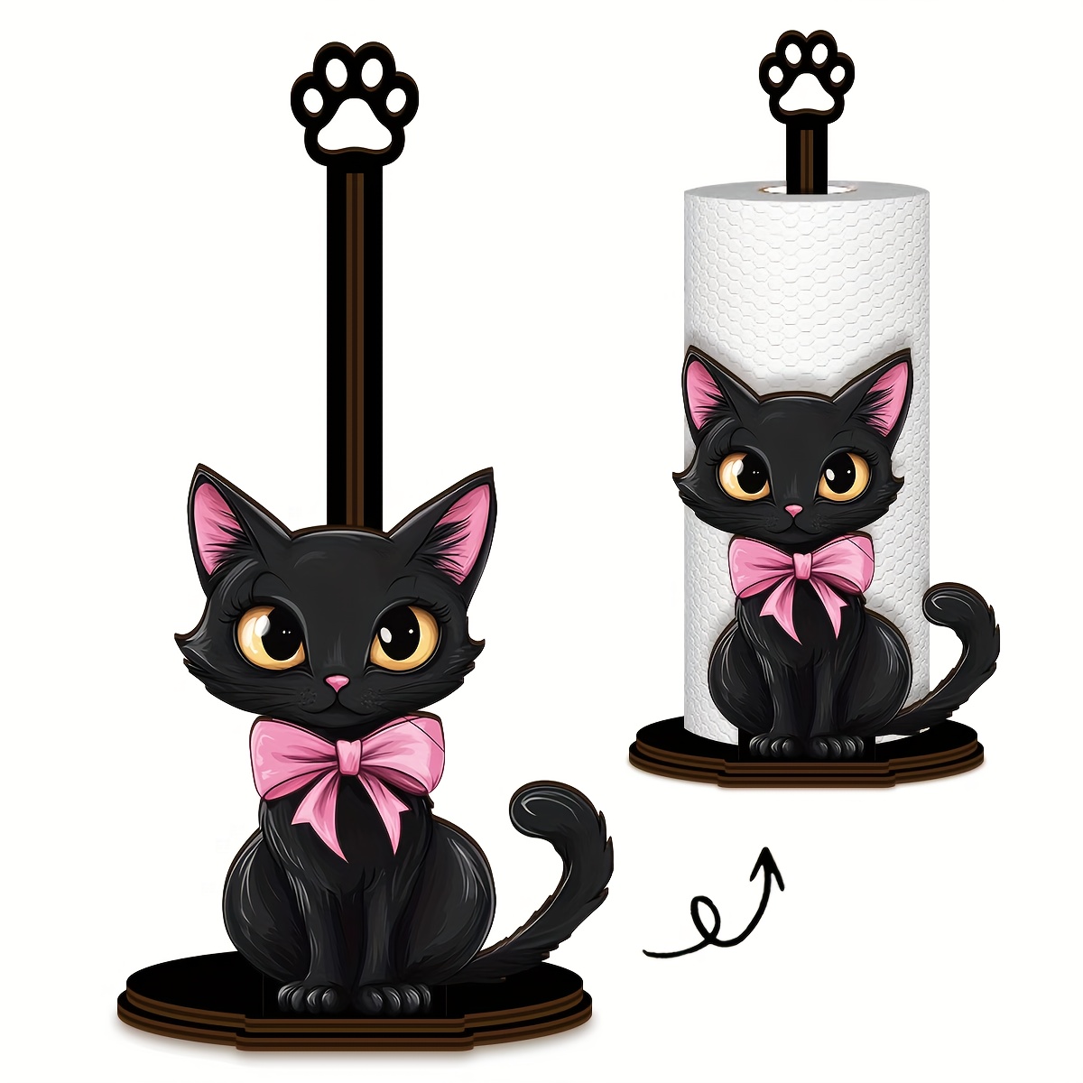 TEMU 木製 猫型 ティッシュホルダー＆ロール収納ボックス - 穴あけ不要、子猫サー付きバスルーム、トイレットペーパー・ナプキン・ラップ用 省スペース卓上棚、ミニマリスト レーション