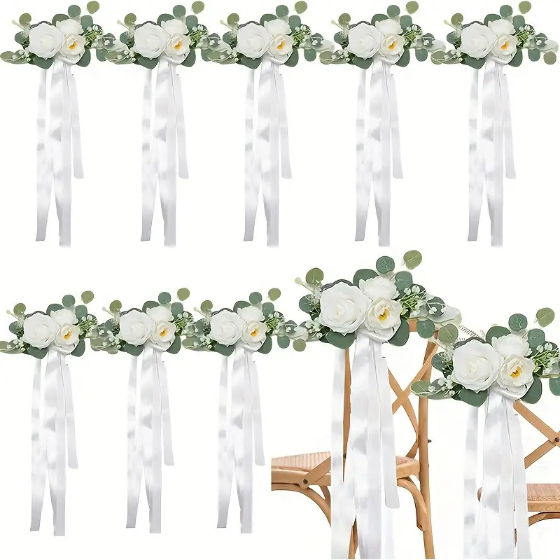 TEMU 10pcs Realistic Eucalyptus & Ribbon Wedding Aisle Decorations - Reusable Artificial Pew/chair/arch Flowers With Greenery, White Wedding Arch