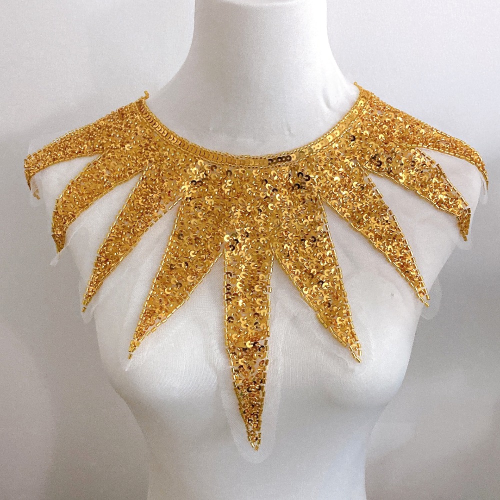 E-shop 1 Stück 43 cm (16,93 Zoll) goldene Pailletten-Perlen-Mesh-Dekorationsmaterial, ein Blumen-Broschen-Accessoire, Patch-Verzierung für