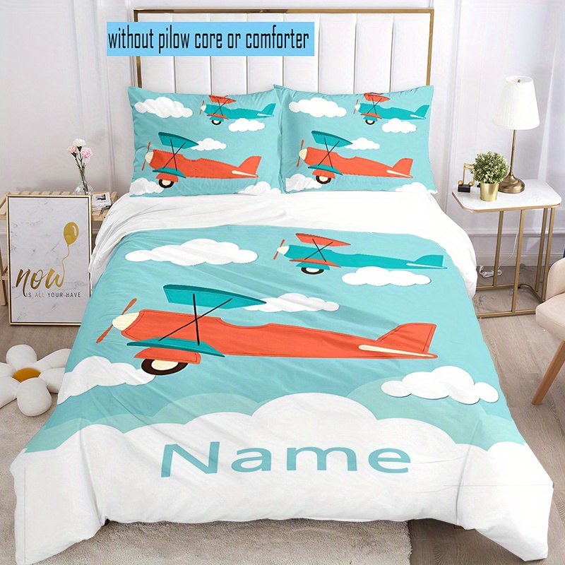 

3pcs Name Airplane Bedding Set, 95g Duvet Cover 2 Pillowcases, , Zippered , And Comfortable , Bedroom & Decor