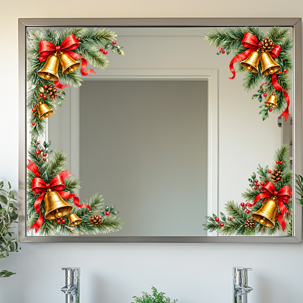 TEMU 1pc Watercolor Vintage Christmas Four-corner Border Glass Sticker, Pine Branch, Golden Bell, Red Bow, Pine Cone, Berry Four-corner Combination,