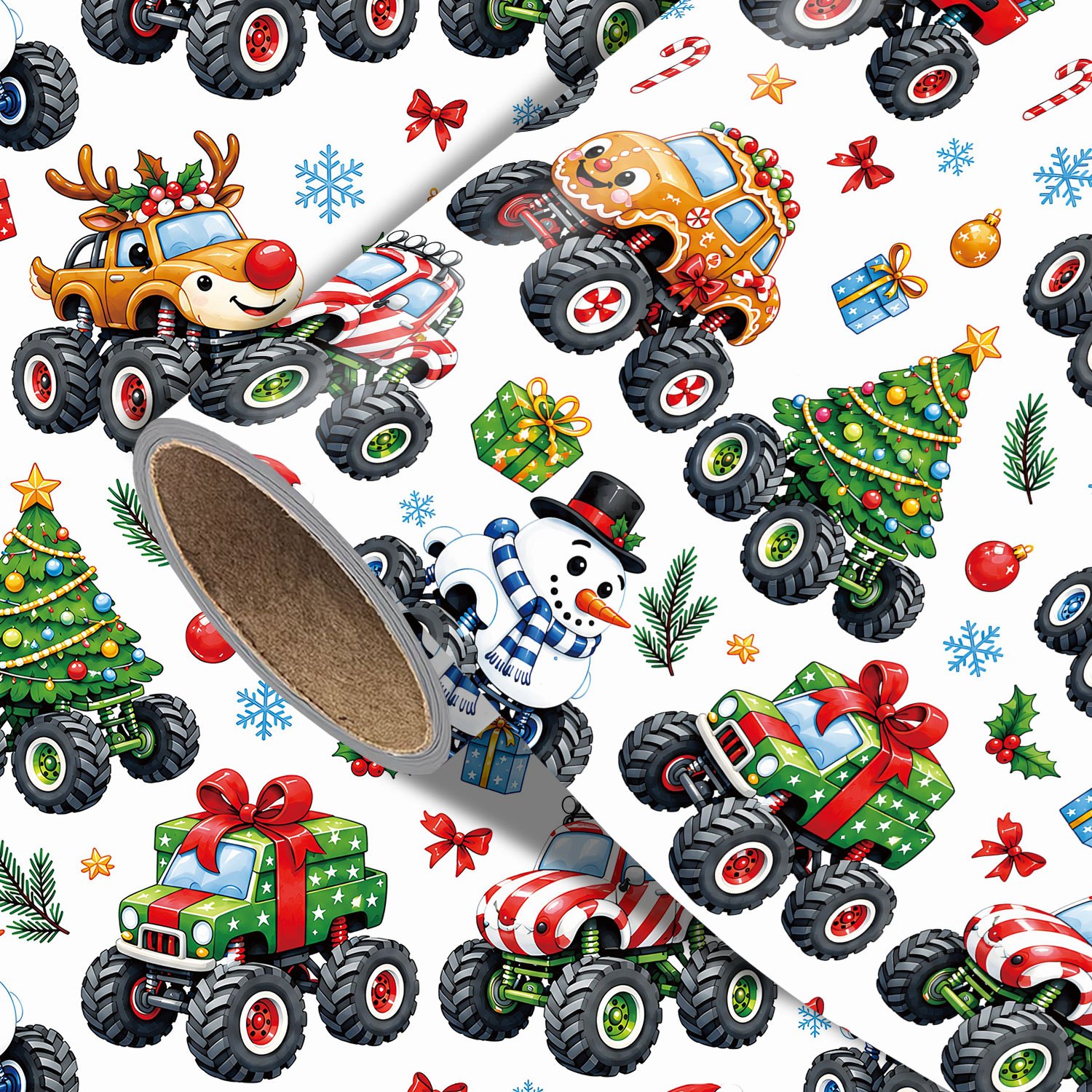 TEMU Roll Monster Truck Inpakpapier Geschikt voor Kerstcadeaus, Verjaardagsfeestdecoraties - Enkelzijdige Kleurenafdruk met , Sneeuwpop, Kerstman,
