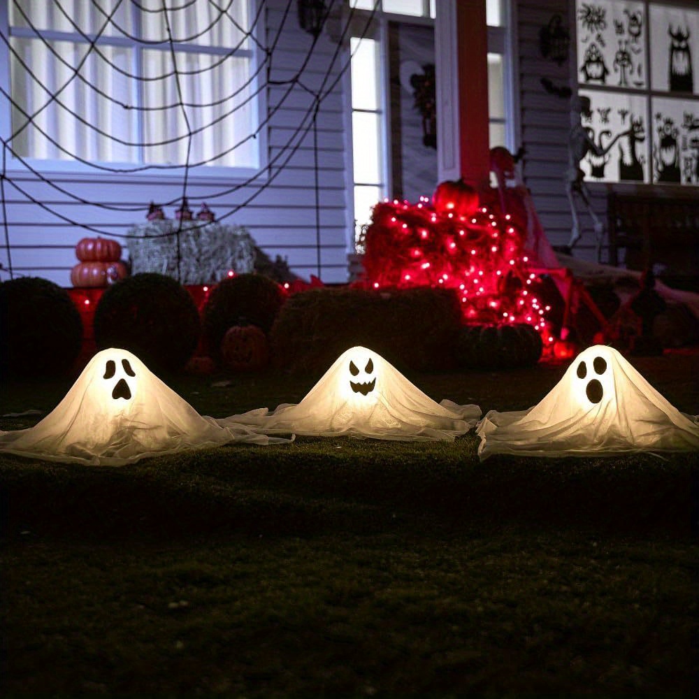 TEMU [3d] Halloween Outdoor Decorations White Garden Stakes With Light (3 Packs), Cloth For Halloween Lights, Graveyard Yard Lawn Decorations