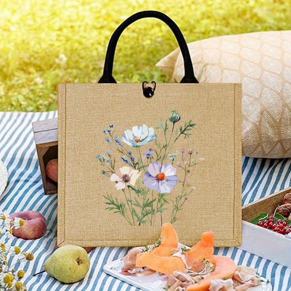 TEMU Large Capacity Aesthetic Floral Jute Tote Bag – Durable, Reusable Grocery Bag With Design, Shopping, Travel, And Outdoor Picnics, Shopping Tote