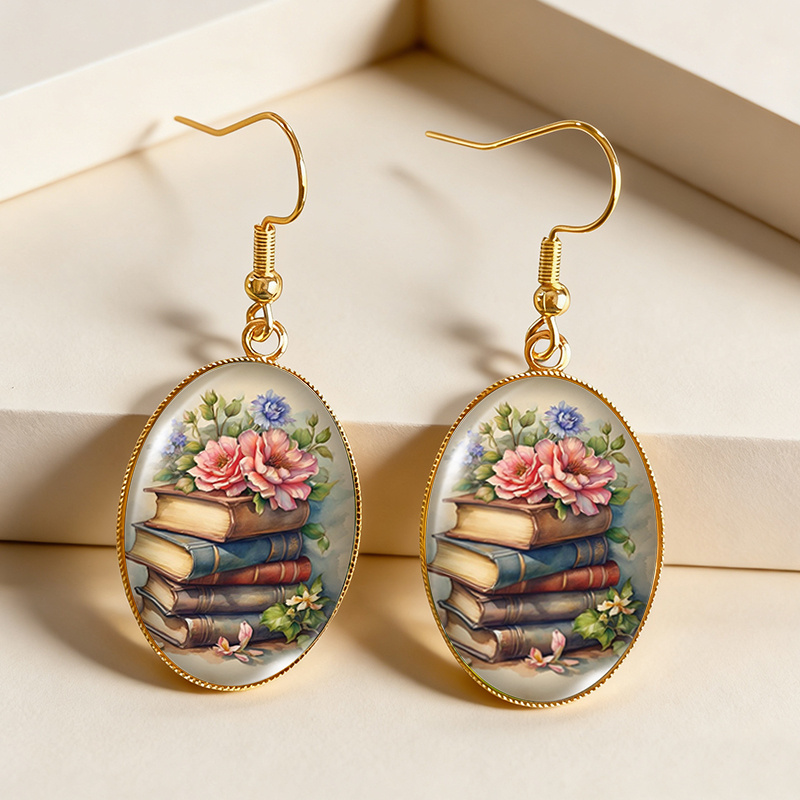 TEMU 1 Pair Scent Of Books And Earring Golden Oval Dangle Earrings Dome Jewelry