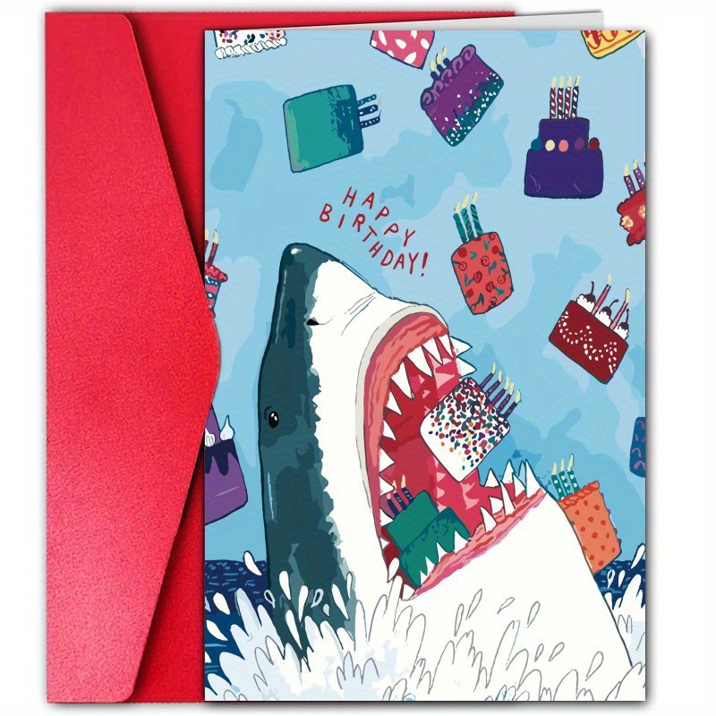 TEMU Shark Birthday Card - Cartoon Anime Theme, Vibrant Mixed Colors, Creative And Humorous Design Suitable For Men, Women, Family, , Unique Birthday