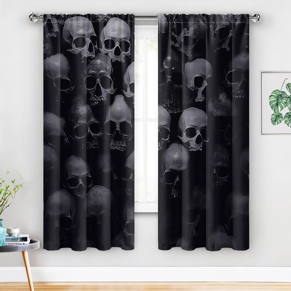 

2pcs Gothic Blackout Curtains, Polyester Drapes, Skeleton Halloween Theme, Grommet Top Thermal Window Treatments, With Multiple Sizes For Bedroom & Living Room