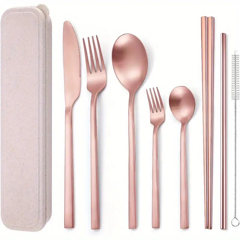 8pcs stainless steel flatware set - rose golden portable reusable travel cutlery with elegant rose , compact & lightweight utensil set with cleaning brush, dishwasher safe - fork, knife, spoon, chopsticks, straw & case for camping, office, picnic, home - durable & hygienic, ideal for outdoor & everyday use - stylish rose golden color, -resistant, easy to clean, dining, cutlery case Product details 0