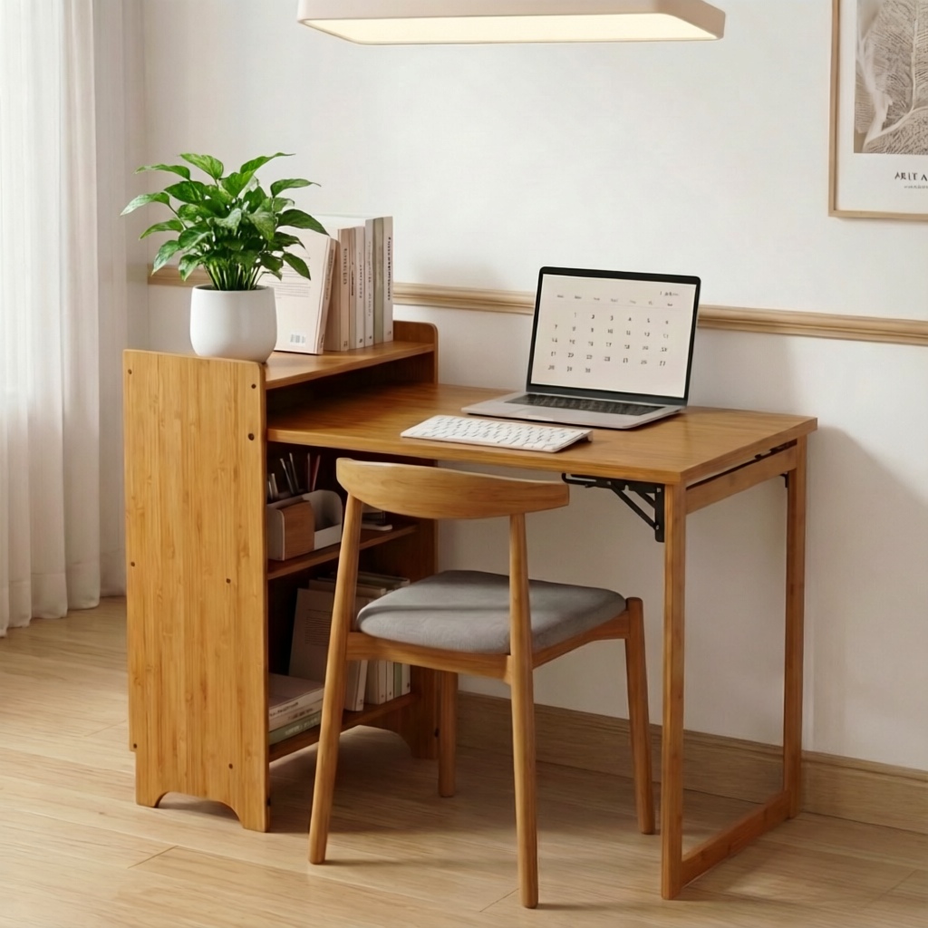 Bamboo Folding Desk for Small Spaces with Storage, Foldable Mid Century Modern Drop Leaf Desk, Vintage Fold Out Hideaway Small Desks for Bedroom Or Home Office