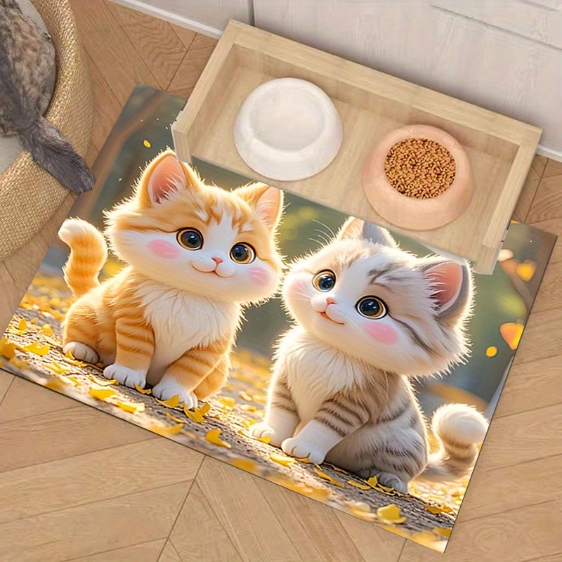 TEMU 1pc Cute Cat Feeding Mat With Adorable Kitten Print - Polyester Pet Placemat For Cats, Includes Space For Food Bowls, Home Use
