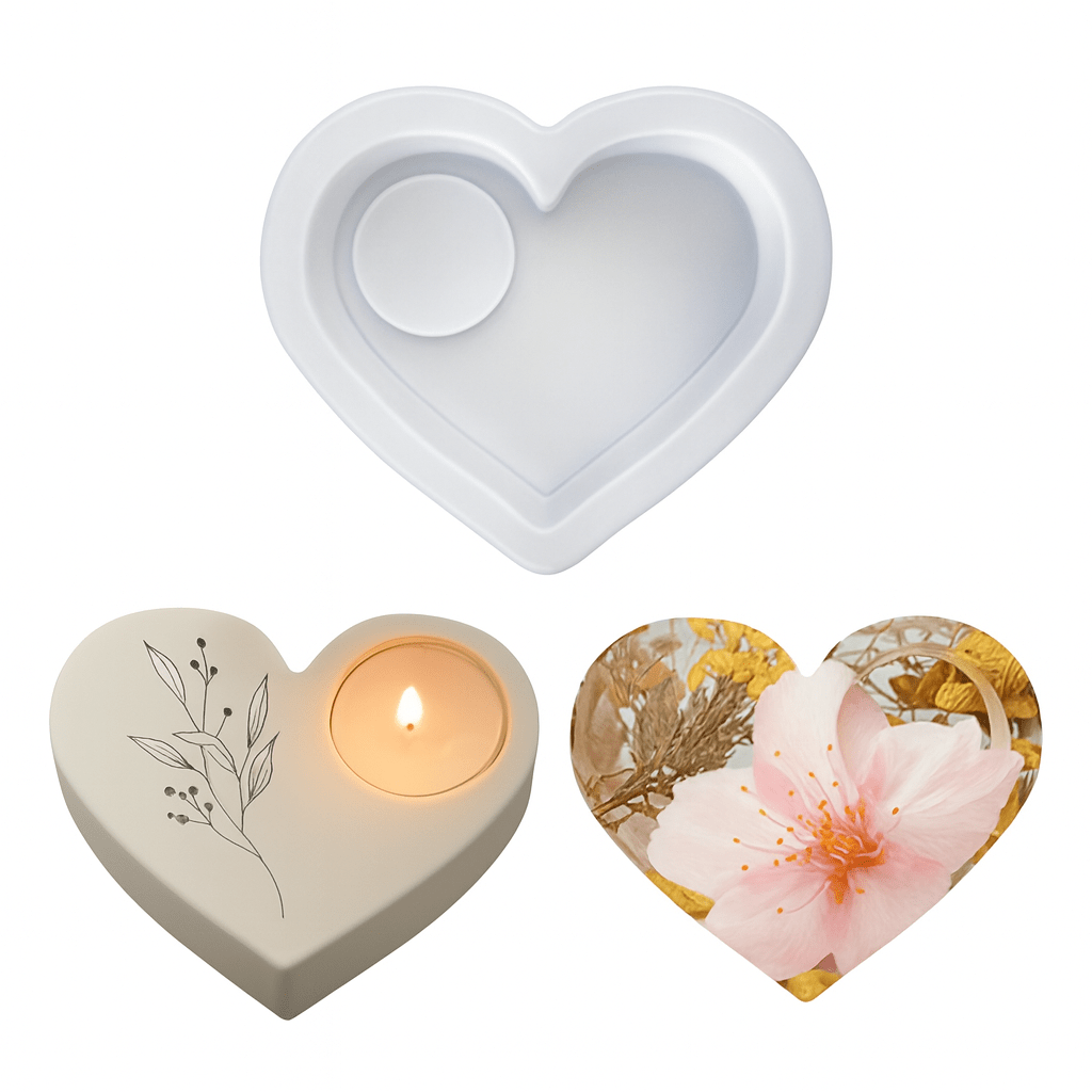 E-shop Wiederverwendbare herzförmige Silikon-Kerzenform kompatibel mit Epoxidharz, Gips & Zementguss - DIY Teelichthalter für Hochzeit, Valentinstag,