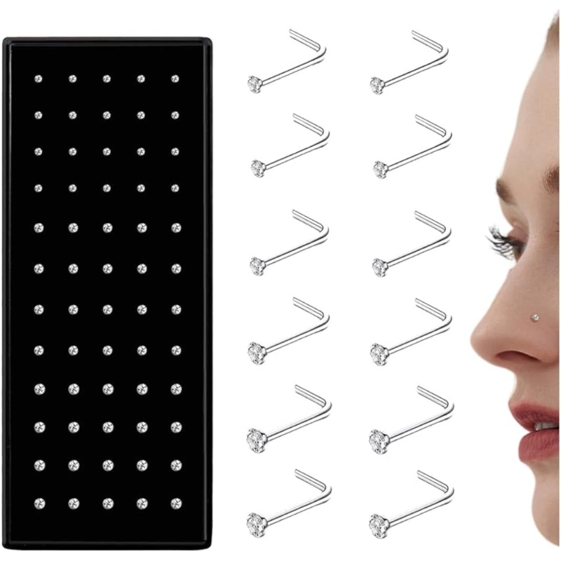 Image of 60pcs Straight L Shaped Stainless Steel Nose Studs Rings Piercing Pin Body Jewelry 20g-22g 1.5mm 2mm 2.5mm