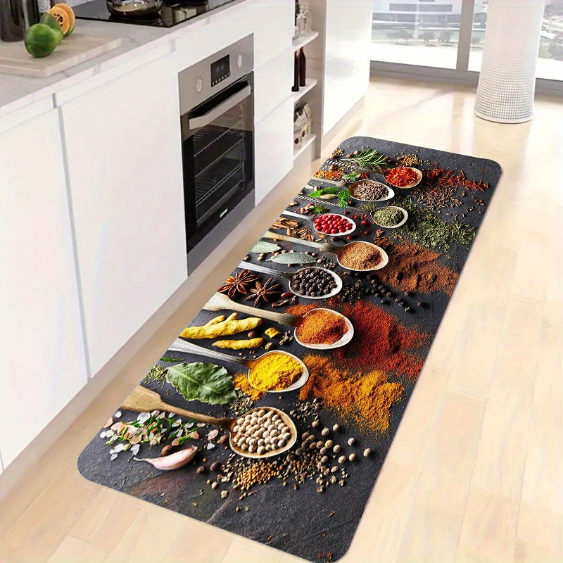 E-shop 1.1cm Dicke Rutschfeste Küchenfußmatte mit Gewürzmuster - Strapazierfähige Polyester Matte für Wohnzimmer, Veranda, Balkon - Maschinenwaschbar &