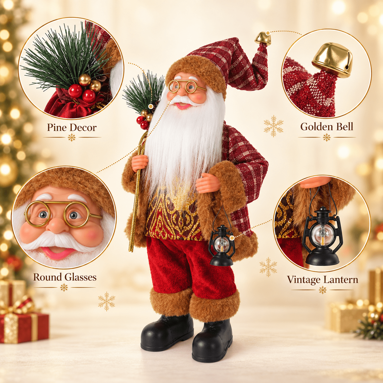 TEMU Retro Santa Figurine Ornament, Burgundy Plaid Attire With Lantern And Gift Bag, Vertical Tabletop Decor, Suitable For Mantels, , And Living Room
