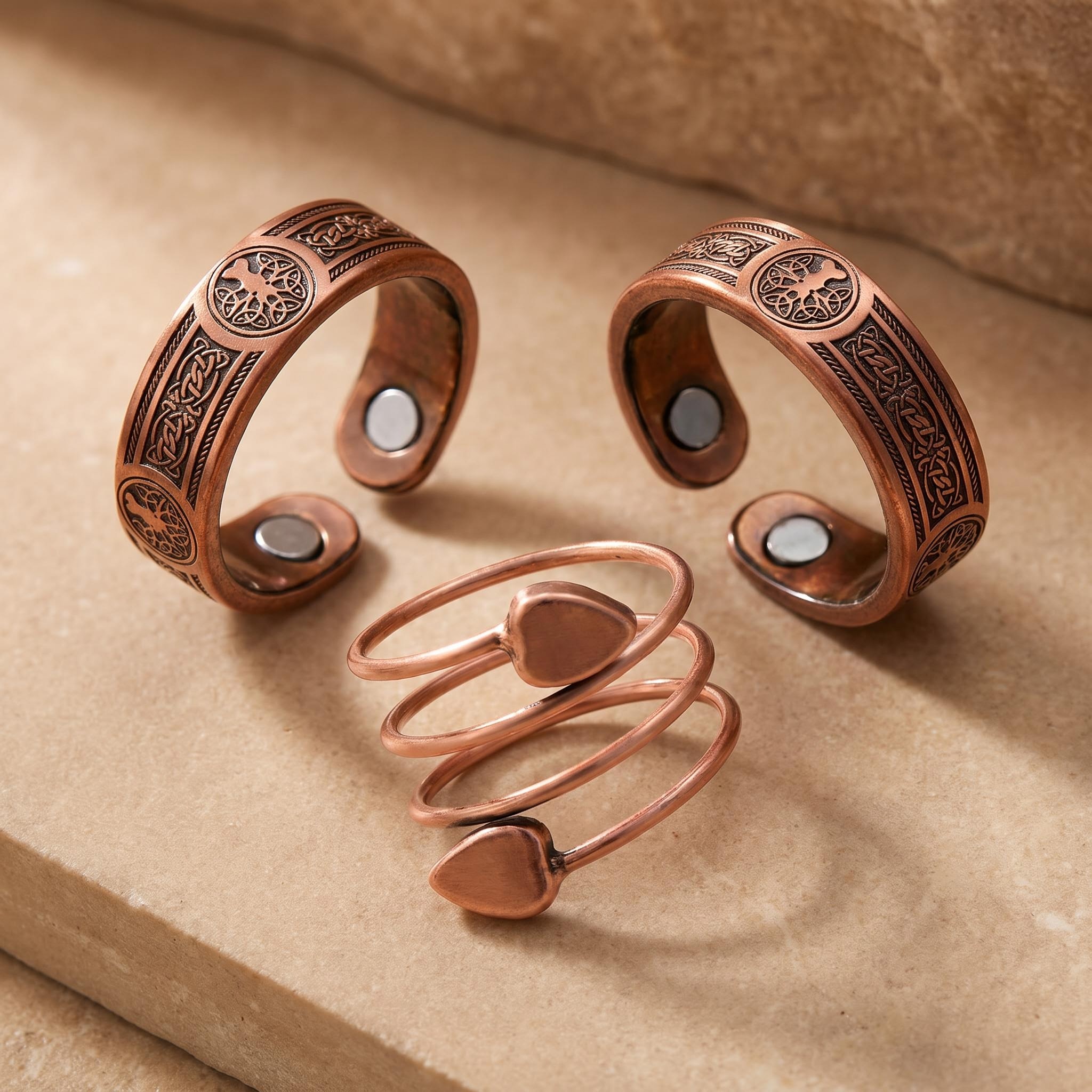 TEMU 3pcs Set Vintage Red Copper Magnetic Open Rings, Celtic Knot Spiral Adjustable Rings, Daily Soothing Wear Accessory Set For Women/men, Magnetic
