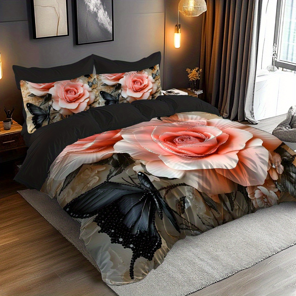 TEMU Parure de lit 2/3 pièces pour la Saint-Valentin, motif à thème rose et , impression numérique 3D ultra-douce brossée, ( rembourrage), tissu et