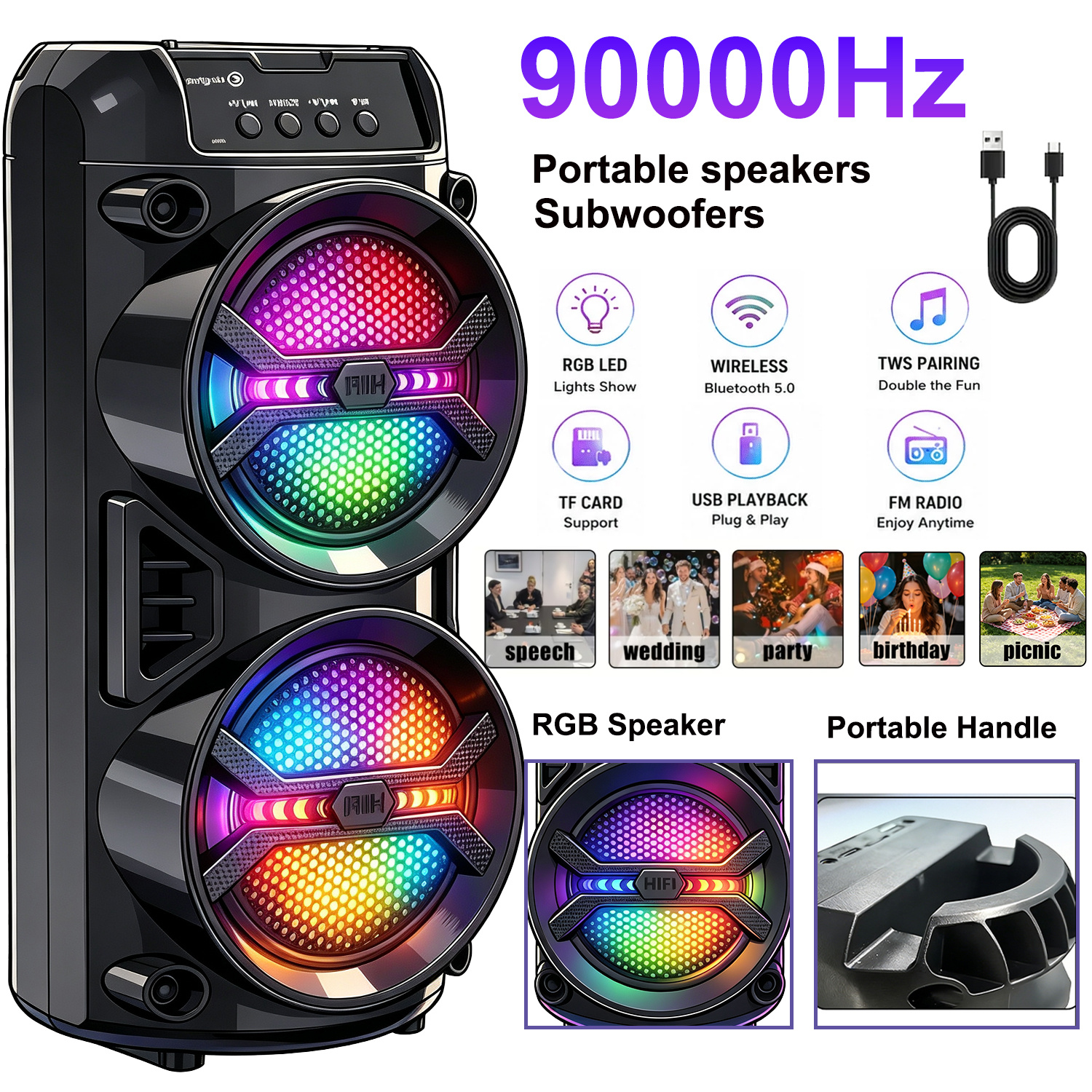 TEMU 90000hz Portable Pa Amplifier Wireless Speaker With Rgb Lighting, Lightweight Subwoofer And Convenient Speaker, Supports Fm Radio,