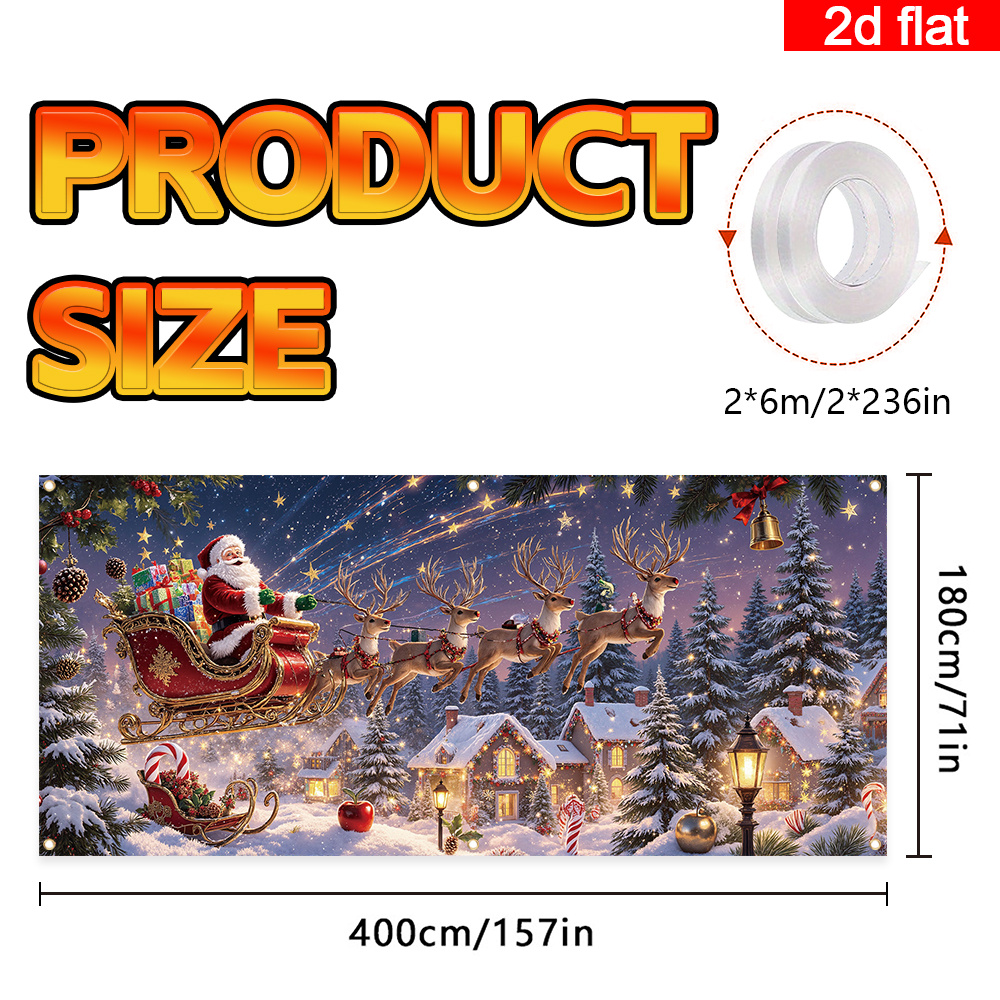 TEMU 2D Plat, 2D Deurbanner, 2D Platte Banner, Kerst Garagedeur Banner, Kerstman Slee Ornament, Feestelijk Nachtdorp, Feestdagen Decoratie voor Huis,