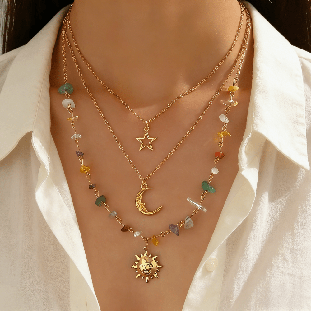 TEMU 1 Set Of 3 Bohemian Layered Beaded Necklaces With Pendant Charms - -coated Multi-pendant Suitable For Daily Wear, Vacations, Parties, Gift For,,