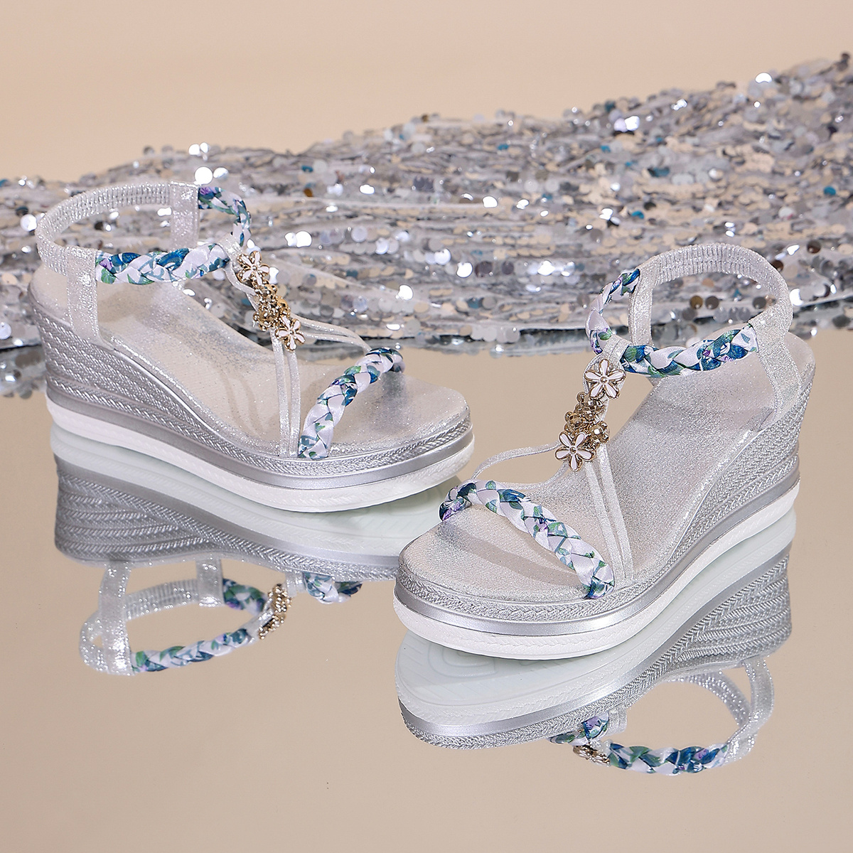 TEMU Gentle Style Woven Floral Wedge Sandals For Women, Flower Embellishment With Sandals, Casual Outdoor Beach Vacation Women's Versatile Shoes,
