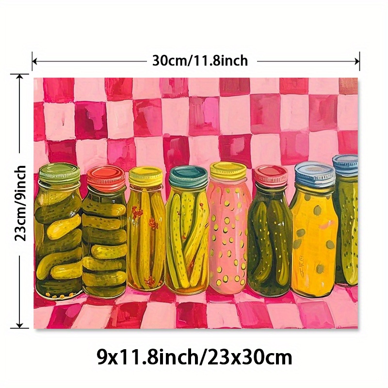 E-shop 2D Flach, 2D Flach, 1 Stück ungerahmte Wandkunst mit einer Glasflasche, mit rosa Hintergrundgemälden von gesalzenen Gurken. Dieser Leinwanddruck