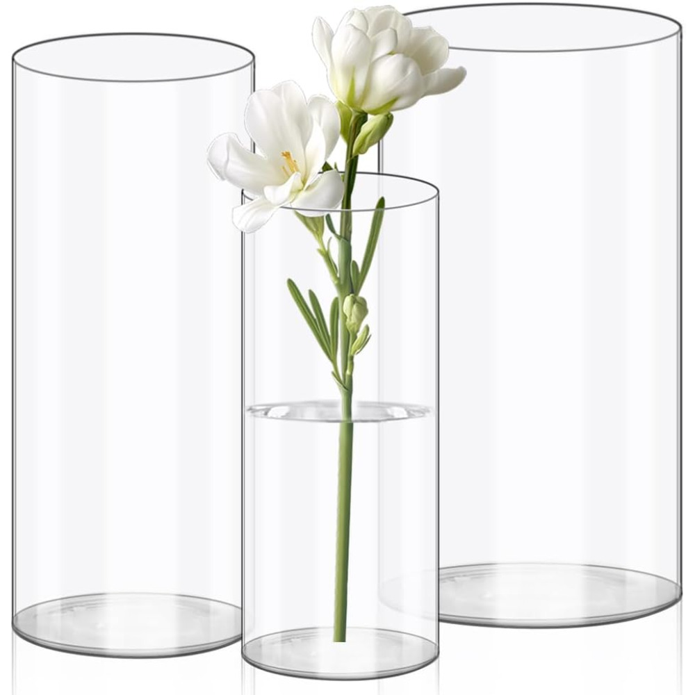 Image of 3pcs Set Of Clear Cylindrical Glass Vases, Suitable For Floral Arrangements, Wedding Centerpieces, And Diy Crafts (dimensions: 8x18, 10x20, And 12x22.5cm)