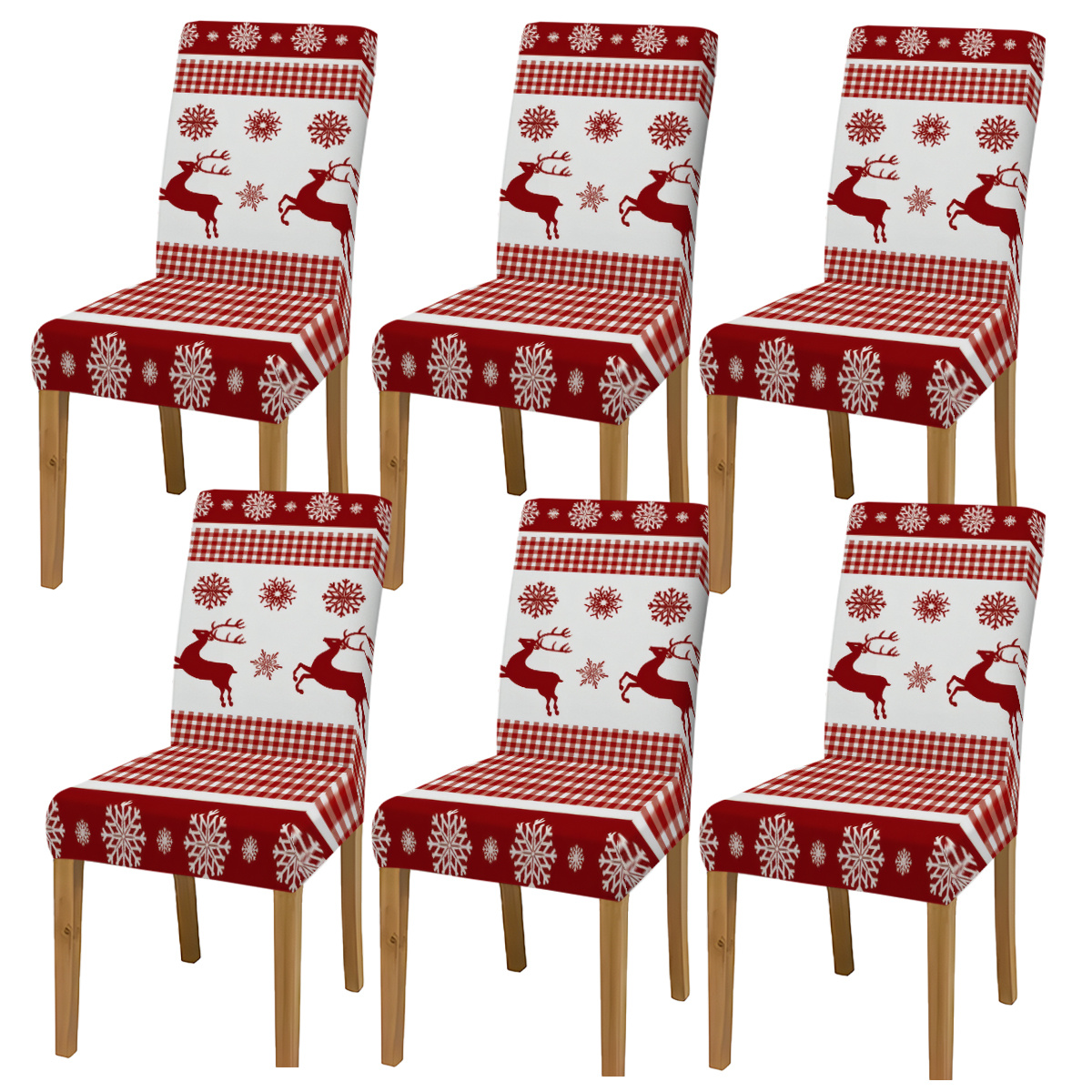 TEMU 2pcs/4pcs/6pcs Creative All-match Red White Checkered Reindeer Snowflake Printed Elastic Chair Covers, Washable Non-slip Christmas Decoration
