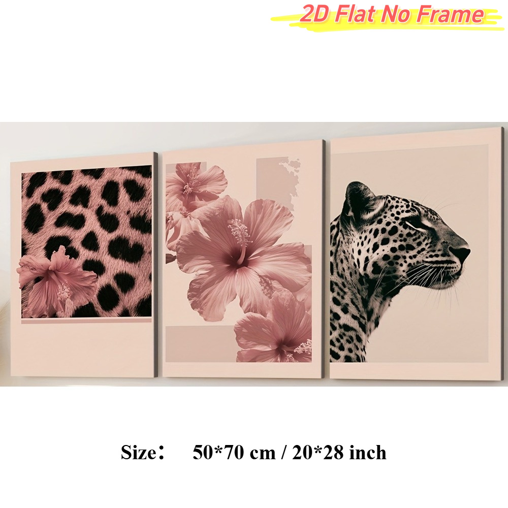 TEMU 2d Flat, 2d Flat, 3pcs Frameless 2dflat Leopard Print And Pink Hibiscus Art Decor Canvas Paintings, Fashion Style Wall Art Decoration, Suitable