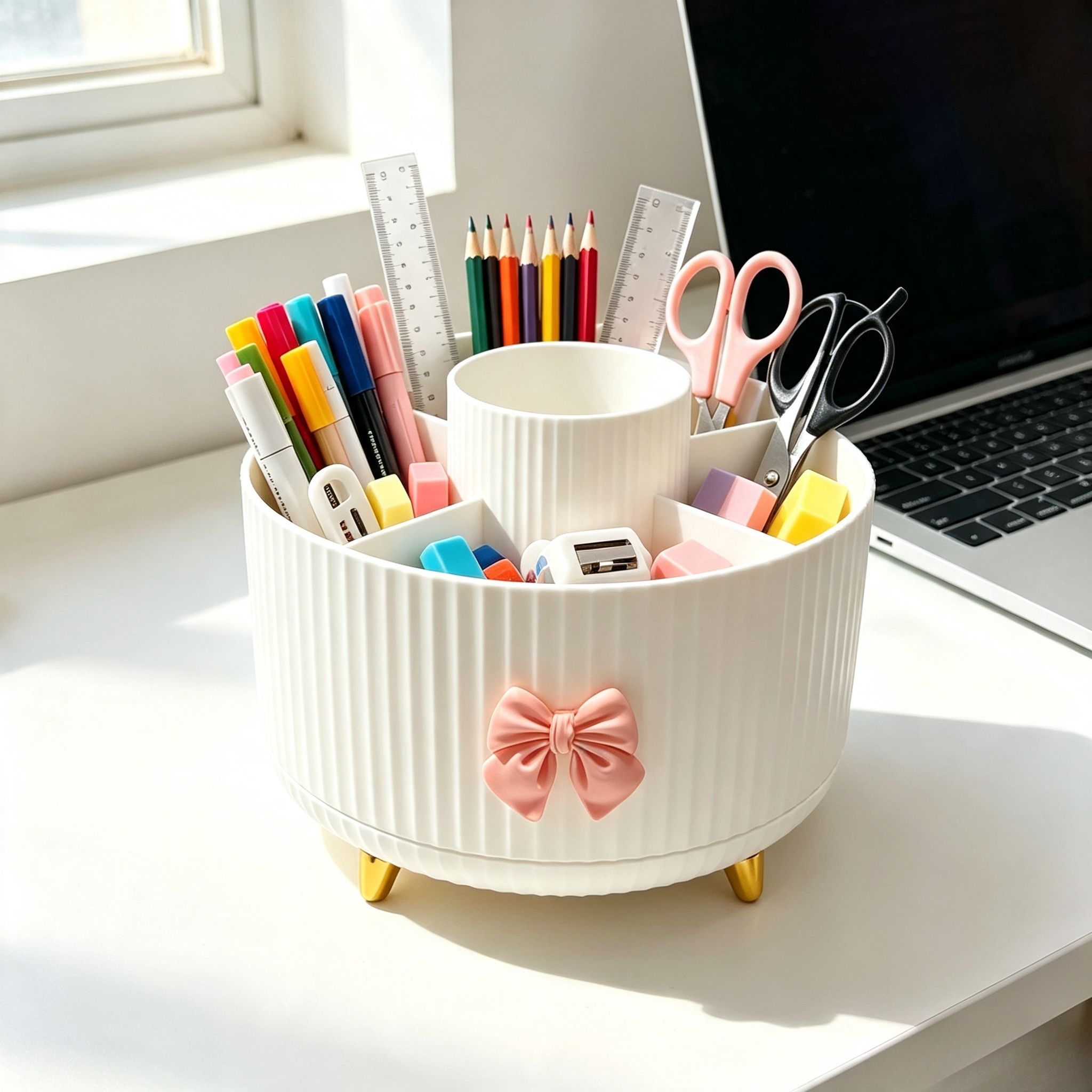 TEMU 1pc 360Â° Rotating Makeup Brush Holder Organizer With Bow - Spacious 5-compartment Storage Box - Space- Organizer For Brushes, Lipsticks,