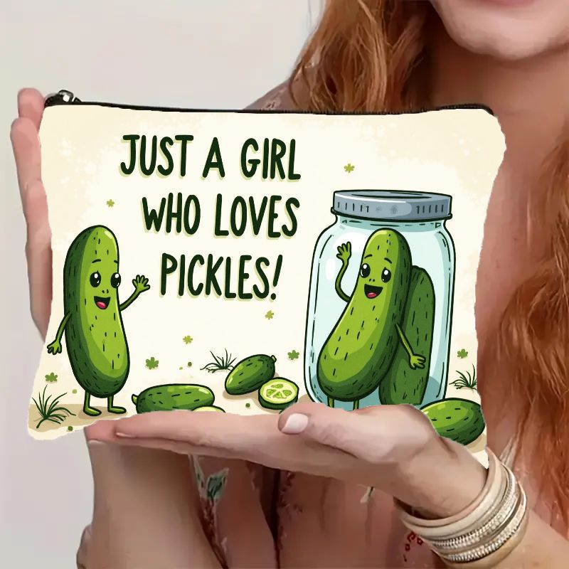 TEMU Sac à Maquillage Amusant pour les Fans de Cornichons - Organisateur Cosmétique " Qui Aime Les Cornichons" avec Imprimé Souriants et , Fermeture