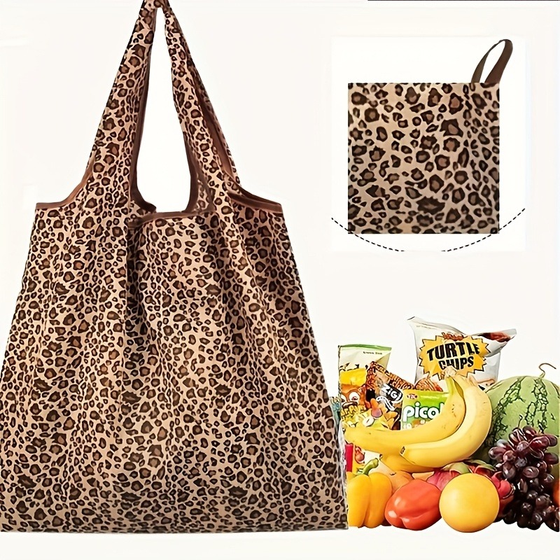 Bolso Tote de Gran Capacidad con Estampado de Leopardo para Mujer - Espacioso, Resistente Bolso de Compras de Poliéster en Marrón, Diseño Plegable Adecuado para Uso Diario, Año Nuevo, Viajes, Asas Resistentes, Accesorio de Moda, Perfecto para Compras de San Valentín