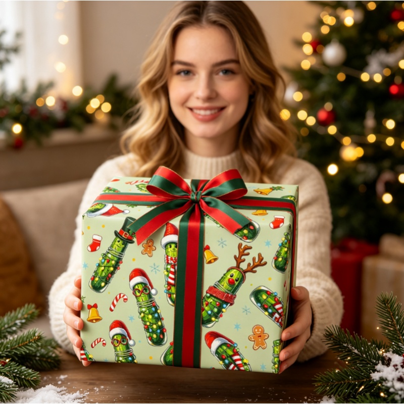 TEMU Rouleau de de Noël pour cornichons 43Cm X 300Cm (17" X 118"), Impression de cornichons de Noël mignonne, Emballage cadeau pour Noël, fêtes et